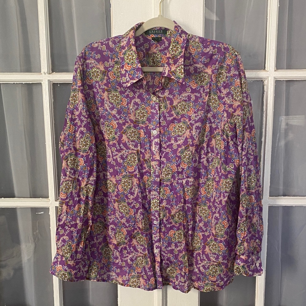 Lauren Ralph Lauren Purple Floral Paisley Button-Up Shirt Top Blouse Size 1X